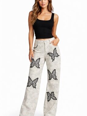 Women’s Cream Wide-Leg Jeans with Black Butterfly Embroidery